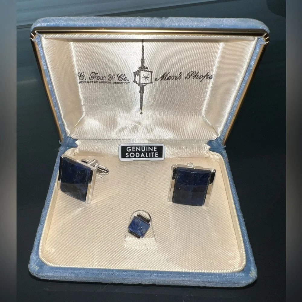 🔹Vintage Set of Genuine Sodalite Cufflinks & Matching Tie Tack — Blue / Silver